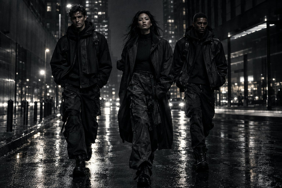OxB campaign — models in black streetwear on a wet city street at night