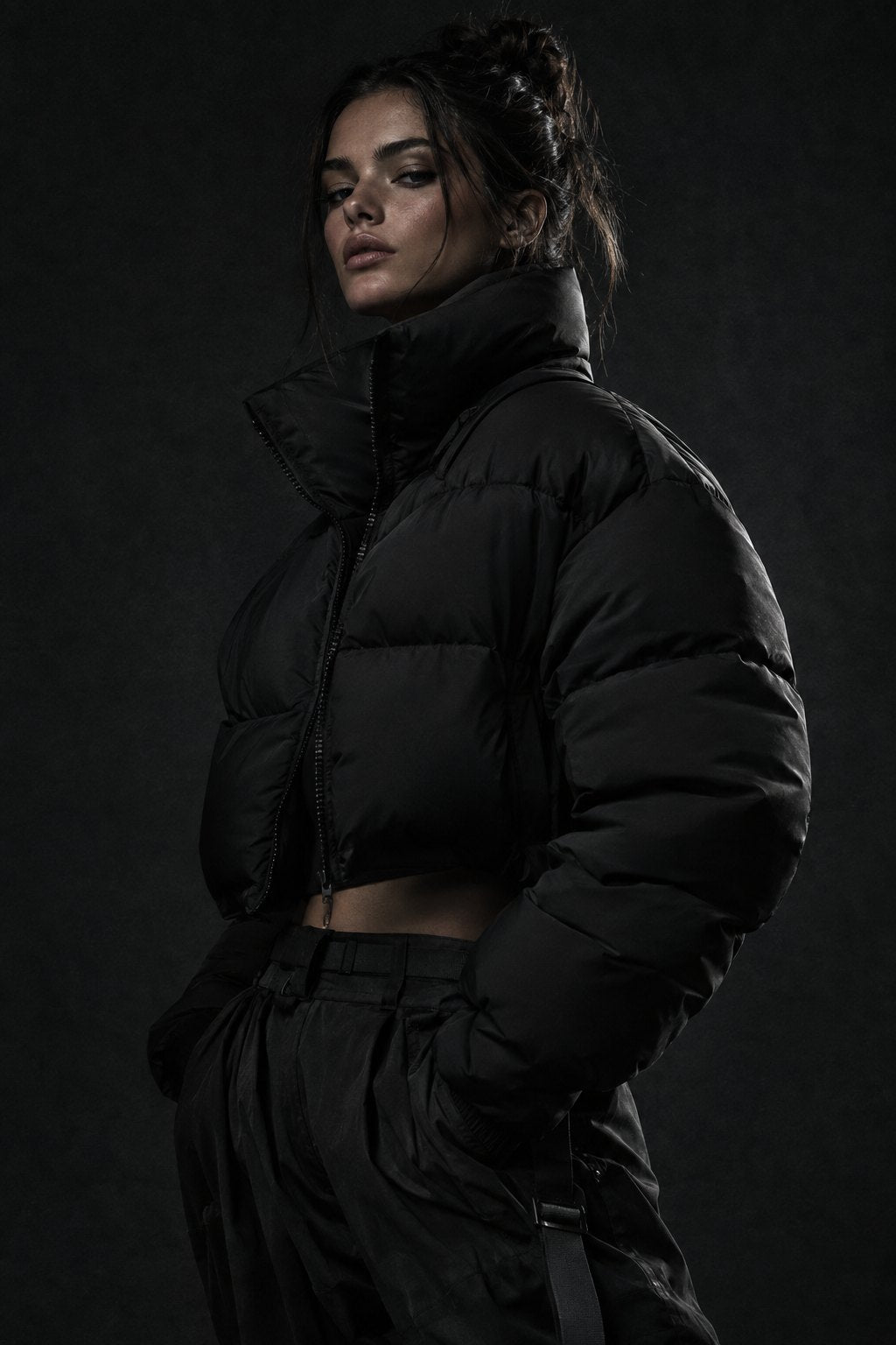 Obsidian cropped puffer worn