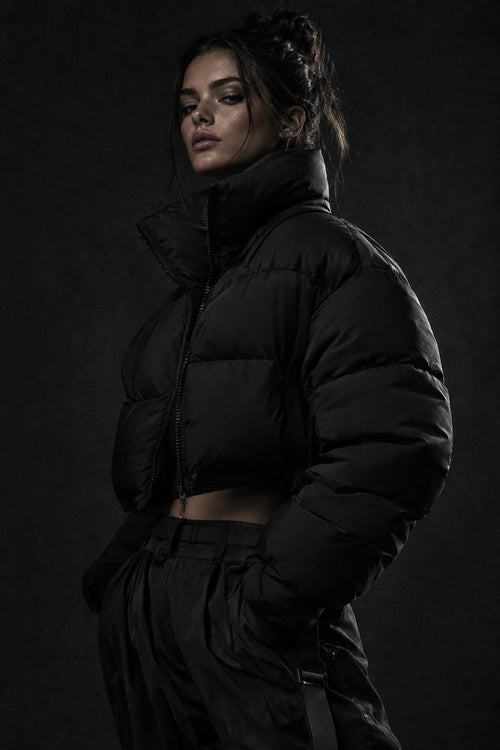 Obsidian cropped puffer worn